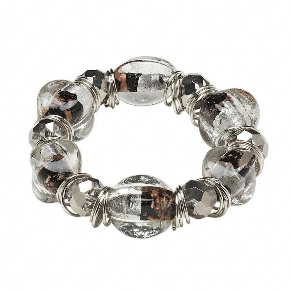 Handcrafted Silver Black and Clear Copper Foil Lampwork Beads Stretch Bracelet